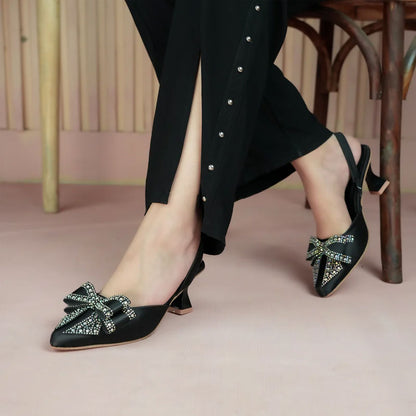 Elegant Rhinestone Bow Kitten Heel Satin Slingback Shoes #10396 #22