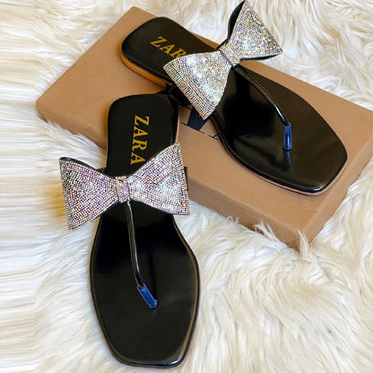 Shiny Rhinestone Bow Thong Flat Sandal