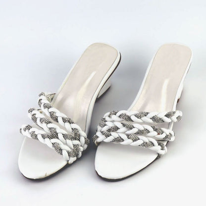 Rhinestone Leather Braided Design Cut Out Open Toe Heels for Girls