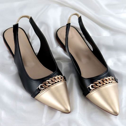Ch Gold Pointed Bold Chain Flat Slingback Shoes