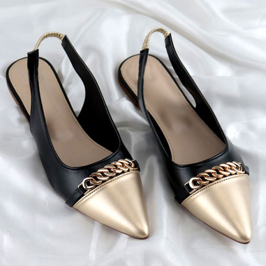 Ch Gold Pointed Bold Chain Flat Slingback Shoes #9834 #22