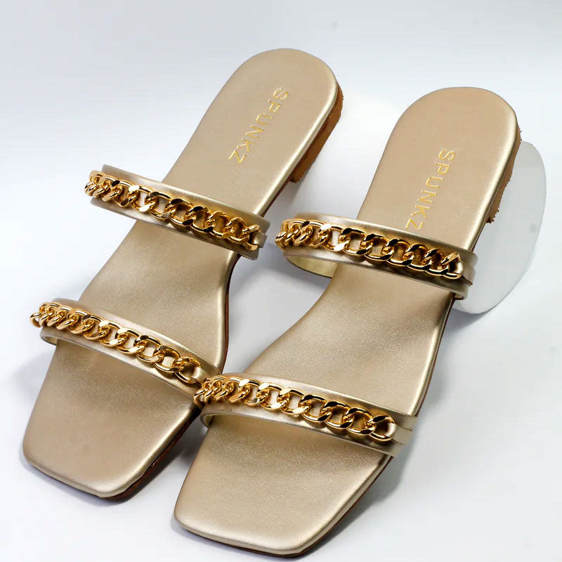 Gold Chain Double Strap Flats Leather Sole Sandal