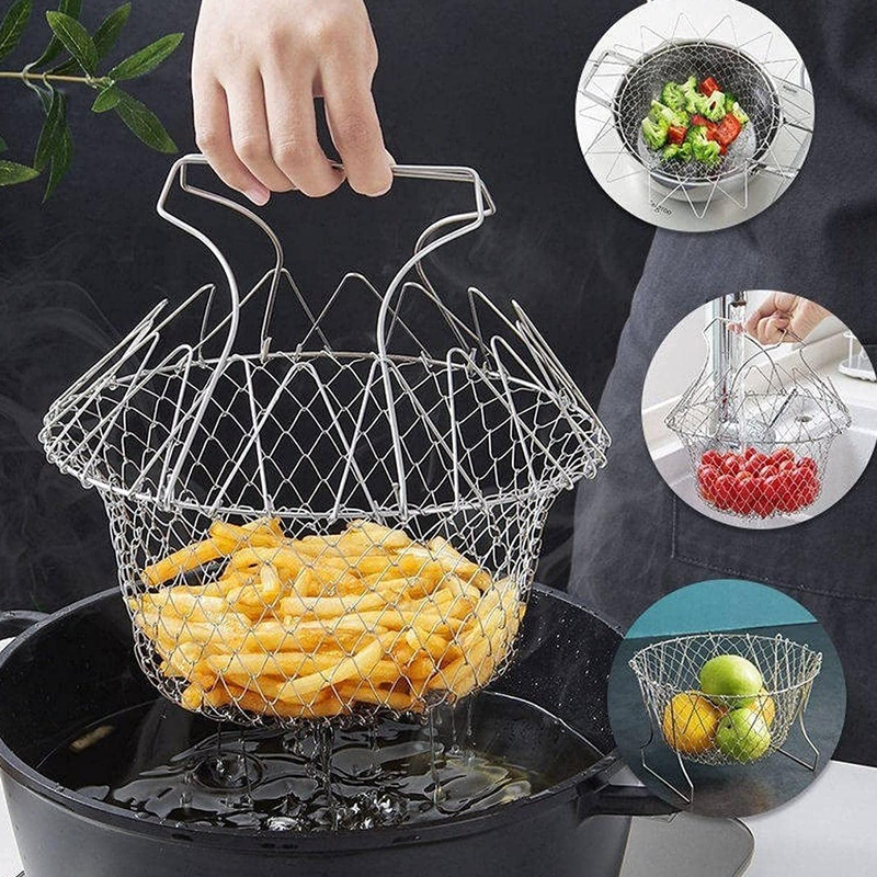 Stainless Steel Chef Basket Foldable Strainer for Vegetable Frying Boiling Steam