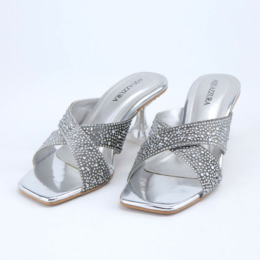 Shiny Crystal Embellished Cross Strap Clear Heel Sandals