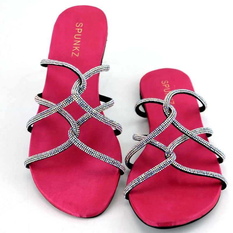 Twisted Rhinestone Blinky Strips Flat Heel Slim Slide Sandal