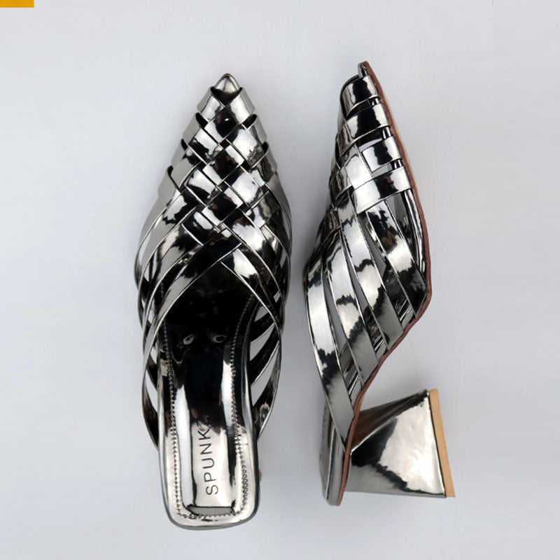 Vintage Cross Strap Pointed Toe Triangle Heel Shoes