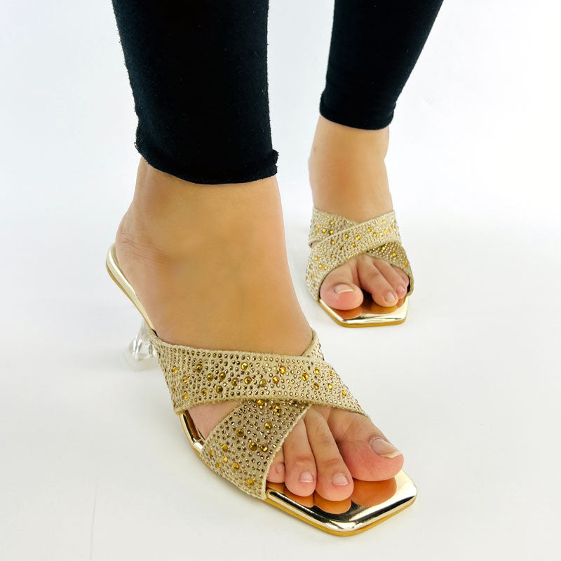 Shiny Stone Heel Crystal Embellished Cross Strap Clear Sandals #1322 #22