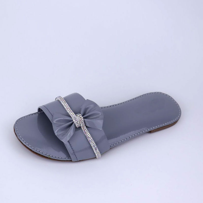 Bow Rhinestone Strap Slippers Glossy Shine Sole Comfortable Flat Slides