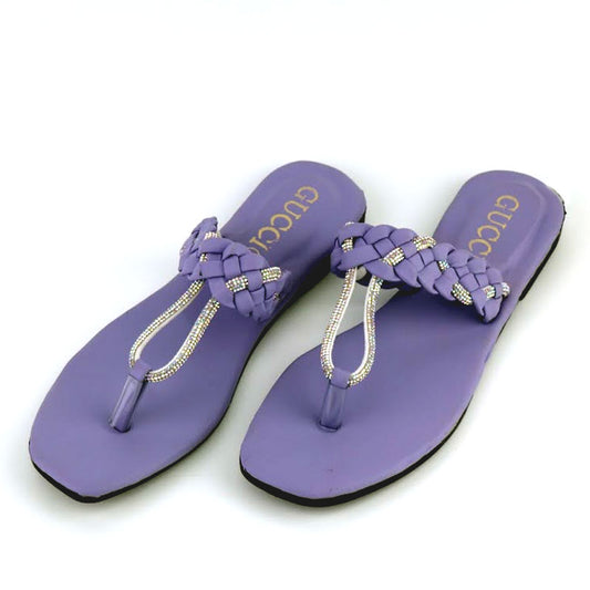 GU Flat Slippers Rhinestone Braided Style Women Thong Sandal