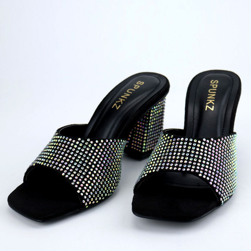 Spunkz Embellished Peep Toe Formal Thick Heeled Shoes