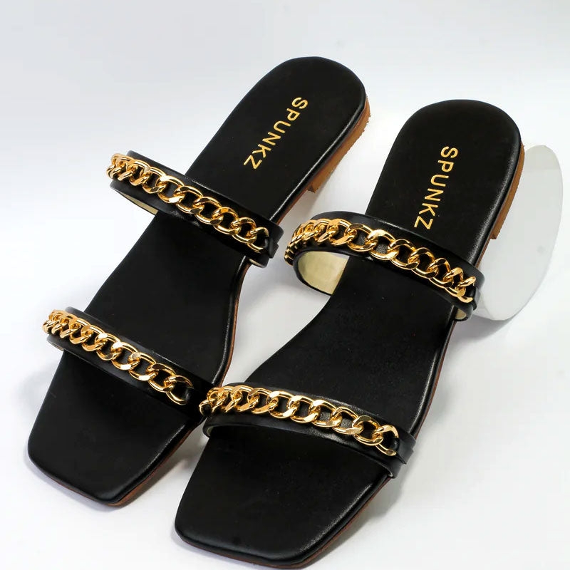 Gold Chain Double Strap Flats Leather Sole Sandal