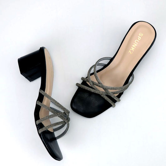 Shiny Rhinestone Strap Slip Resistant Round Toe Block Heels