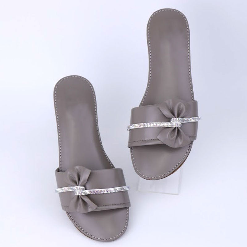 Bow Rhinestone Strap Slippers Glossy Shine Sole Comfortable Flat Slides
