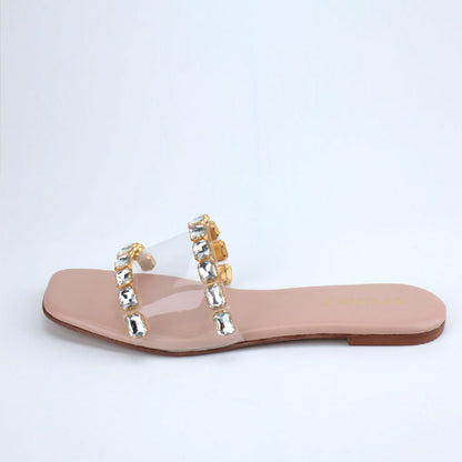 Elegant Stone Embellished Clear Strap Flat Sandals
