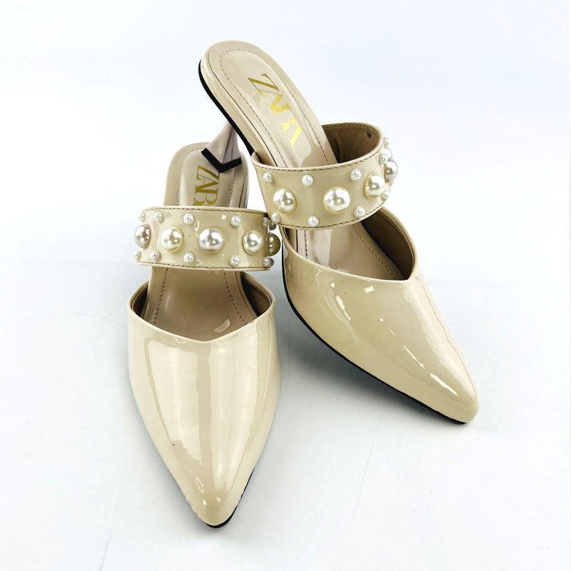 Faux Pearl Pointed Toe Heeled Mules