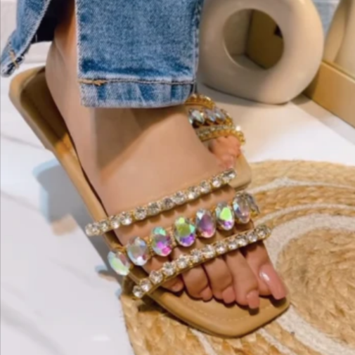Rhinestone Flat Sandals – Crystal Slip-On Slippers for Party & Casual Wear