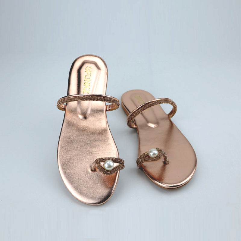 Spunkz Pearl Ring Toe Flats Padded Metallic Sole Slippers