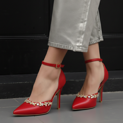 Marquise Rhinestones Pointed Toe Ankle Strap Heel Shoes