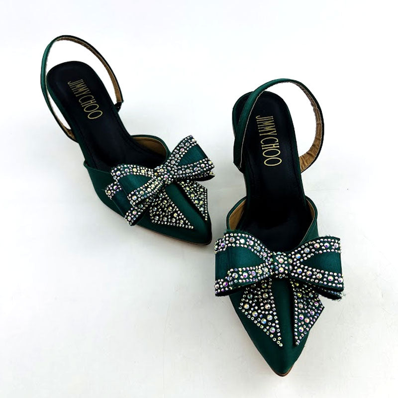 Elegant Rhinestone Bow Kitten Heel Satin Slingback Shoes #10396 #22