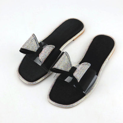 Sparkle Rhinestone Bow Flats Clear Strap Slide Sandal