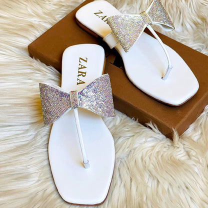 Shiny Rhinestone Bow Thong Flat Sandal