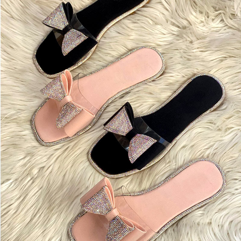 Sparkle Rhinestone Bow Flats Clear Strap Slide Sandal