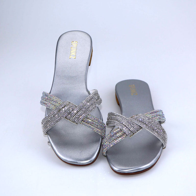 Rhinestone Twisted Slippers Women Flat Heel Open Toe Slim Slides