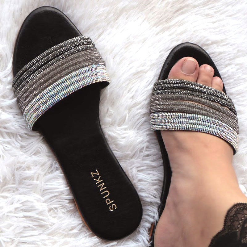 Women Rhinestones Strap Round Toe Flat Slides