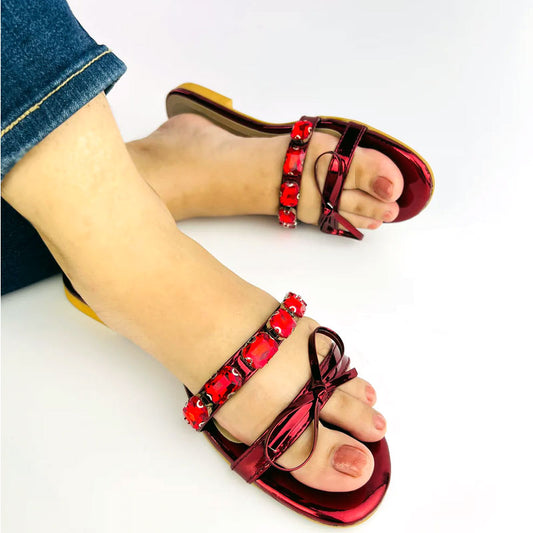 Elegant Bow Stones Metallic Sandal