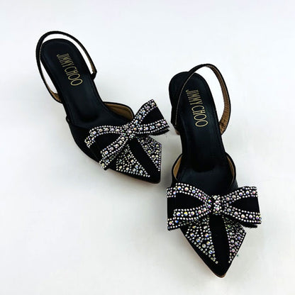 Elegant Rhinestone Bow Kitten Heel Satin Slingback Shoes #10396 #22