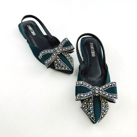 Women Rhinestone Bow Flat Slingback Pump Shoes