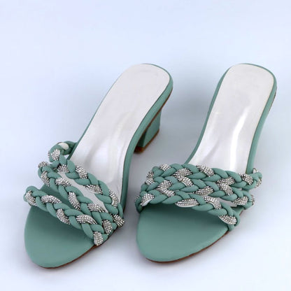 Rhinestone Leather Braided Design Cut Out Open Toe Heels for Girls