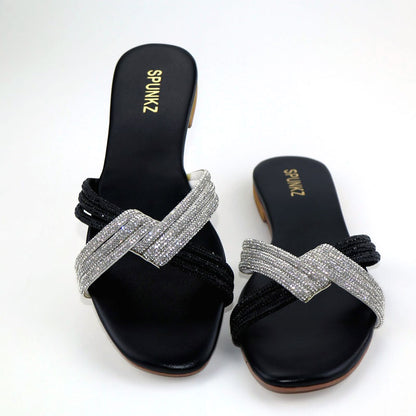 Rhinestone Twisted Slippers Women Flat Heel Open Toe Slim Slides