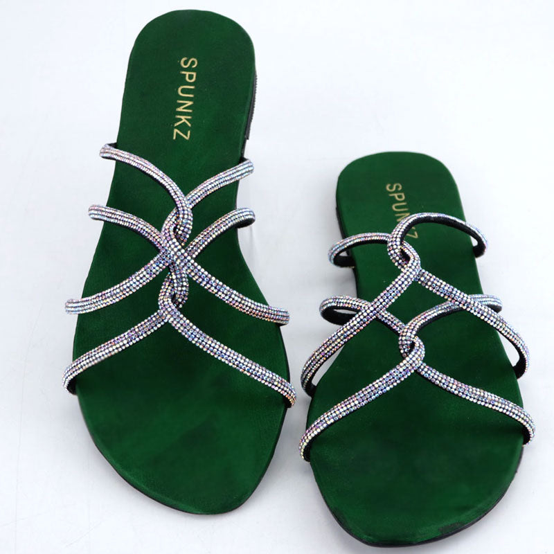 Twisted Rhinestone Blinky Strips Flat Heel Slim Slide Sandal