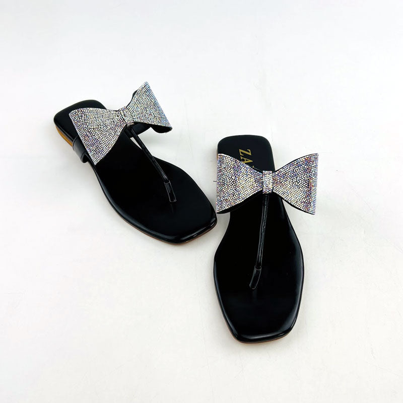 Shiny Rhinestone Bow Thong Flat Sandal