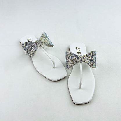 Shiny Rhinestone Bow Thong Flat Sandal