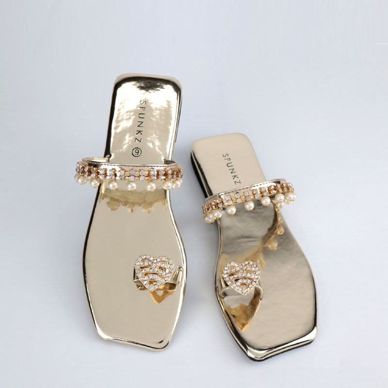 Fancy Kolhapuri Pearl Design Flat Toe Ring Toe Sandals