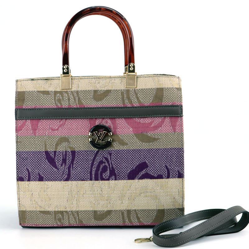 Striped Top Handle Canvas Satchel Purse