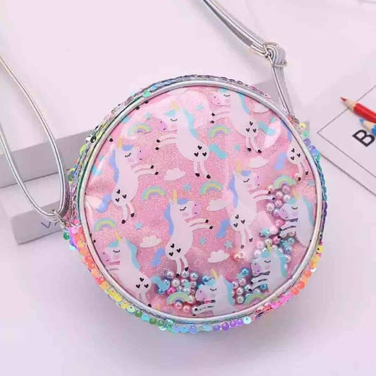 Sequined Unicorn Shaker Beads Crossbody Bag – Cartoon Print Round Little Girls Unicorn Shoulder Bags