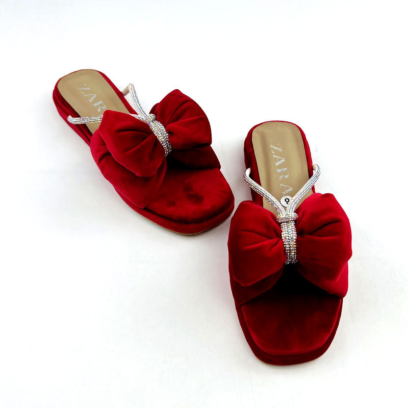 Velvet Bow Cushioned Wedges Platform Slide