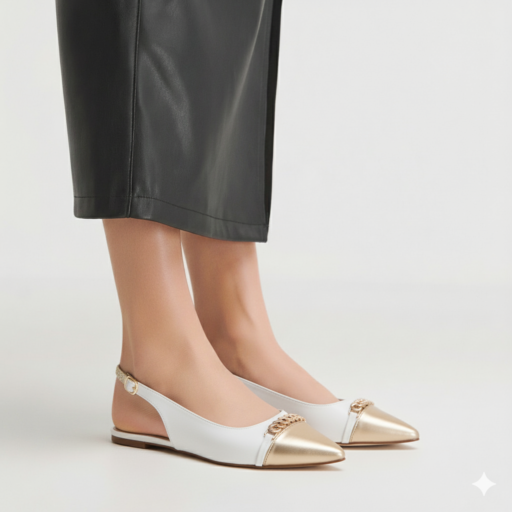 Gold Pointed Bold Chain Flat Slingback Shoes  V-9834