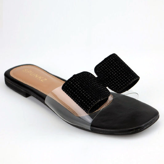 Elegant Black Bow Clear Strap Low Heel Sandal