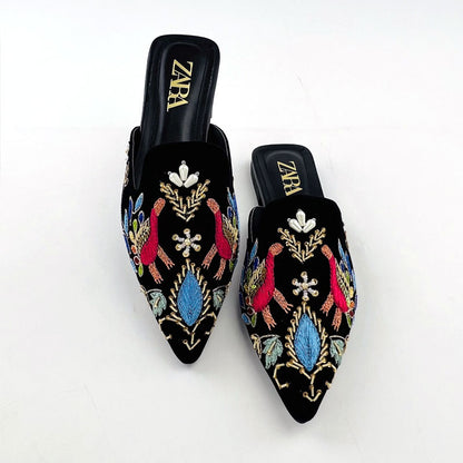 Traditional Embroidered Zari Work Mules Velvet Women’s Pump Shoes