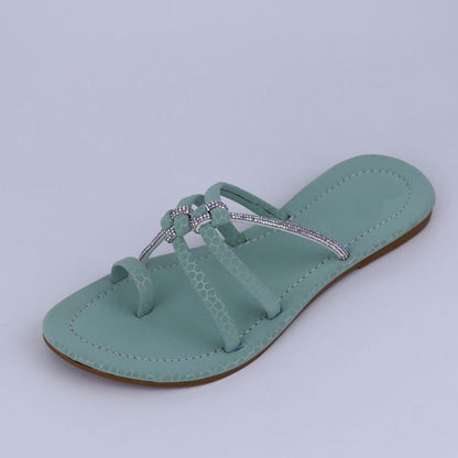 Teal Rhinestone Braided Toe Ring Thong Flat Sandal