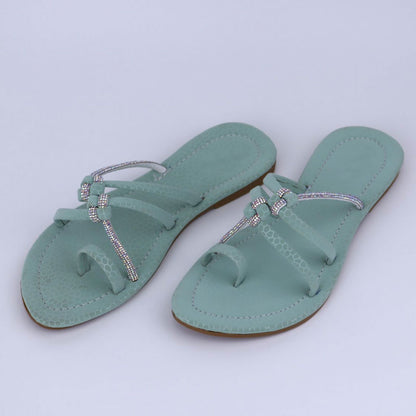 Teal Rhinestone Braided Toe Ring Thong Flat Sandal