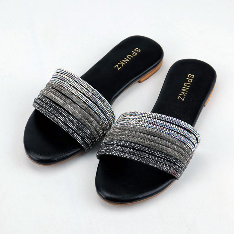 Women Rhinestones Strap Round Toe Flat Slides