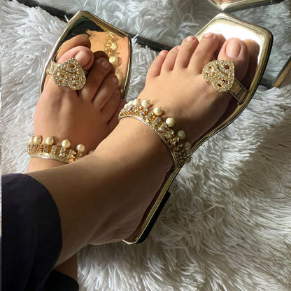 Fancy Kolhapuri Pearl Design Flat Toe Ring Toe Sandals