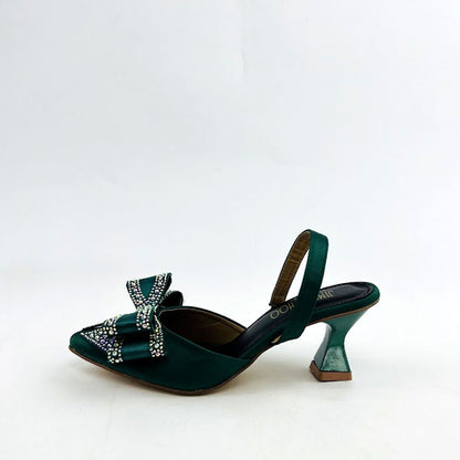 Elegant Rhinestone Bow Kitten Heel Satin Slingback Shoes #10396 #22