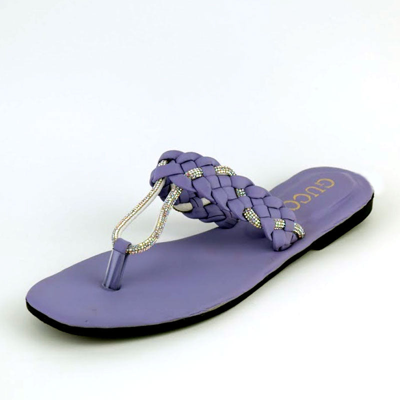 Flat Slippers Rhinestone Braided Style Women Thong Sandal In