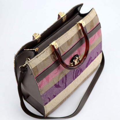 Striped Top Handle Canvas Satchel Purse